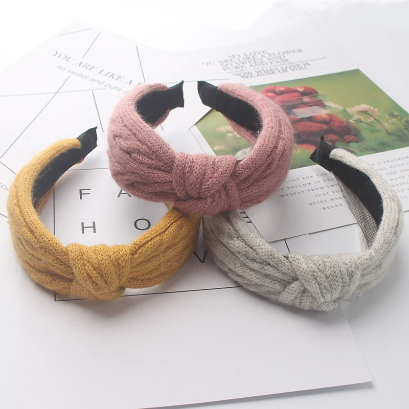 

Winter HairWarm Headband Girl Pink hairs Hoop Hairband Women Solid Wide Side Headband Headwear Knot Holder