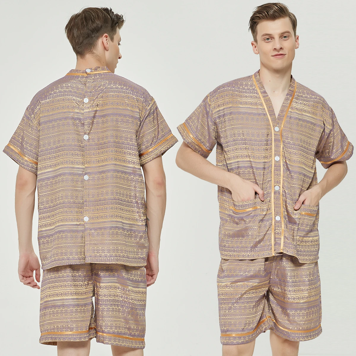 Men's Pajamas Set Summer Leisure Elastic Waist Men Sleepwear Cotton Men's Short Sleeve Nightwear Print Top + Shorts Homewear