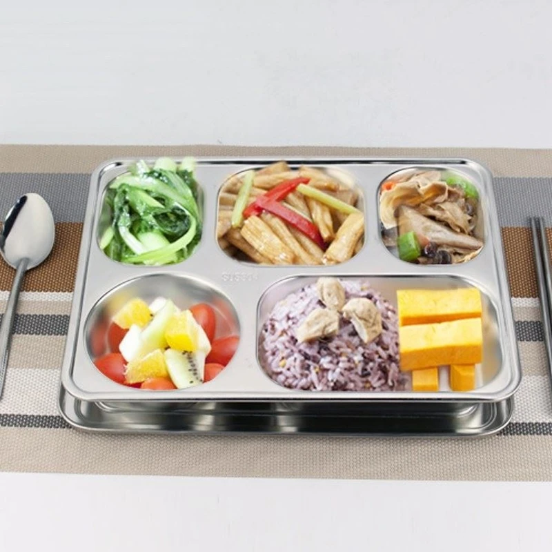 

Stainless Steel Rectangular Food Snack Tray Canteen Bento Lunch Box 4 sections