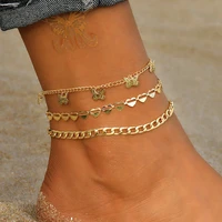 3pcsset metal butterfly pendant anklet ladies bohemian fashion peach heart link chain beach anklets bracelet girl jewelry