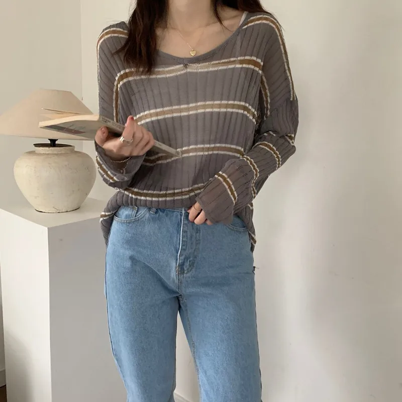 

Женский трикотажный свитер в полоску, с V-образным вырезом и длинными рукавами