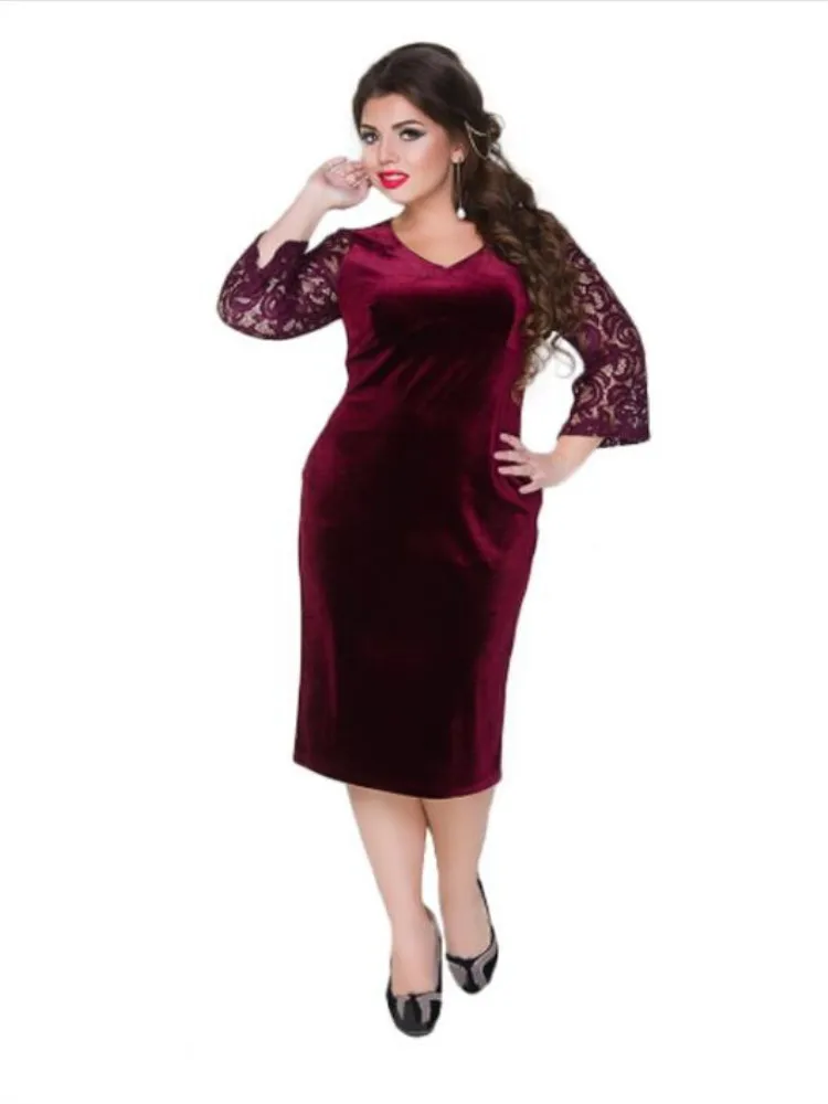 wine red Кружевные Женские приталенные платья размера плюс, осень, вельветовое платье большого размера s, сексуальное элегантное платье большого размера 5XL 6XL Vestidos - Цвет: wine red