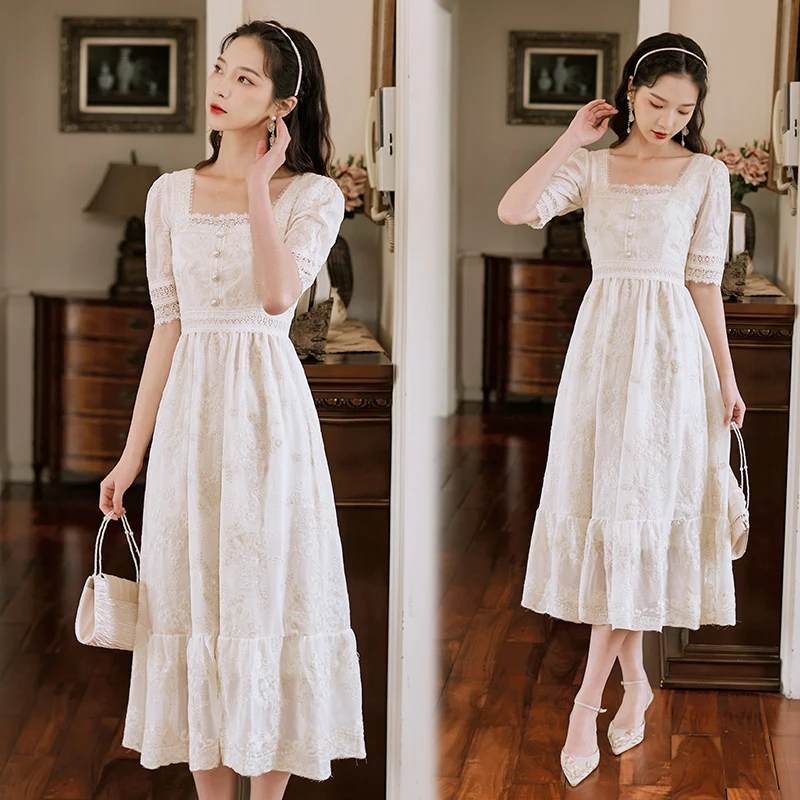 

Fashion Runway Summer Midi Chiffon Dress Women Short sleeve Gorgeous Lace Embroidery A Line Elegant Party Dresses