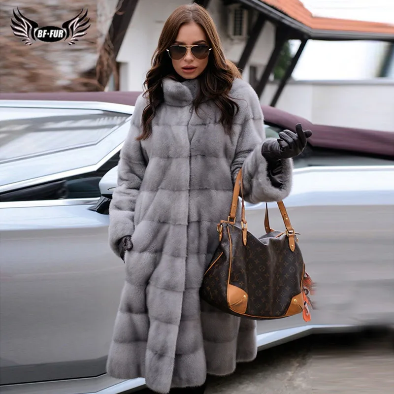 Роскошная длинная норковая шуба 100 см с воротником-стойкой Высококачественная из