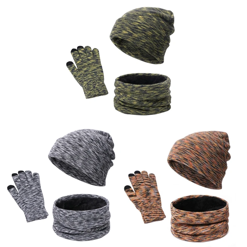 

Women Men 3 Pieces Winter Warm Beanie Hat Circle Scarf Touch Screen Gloves Set Colorful Knitted Plush Lined Skull Cap Neck