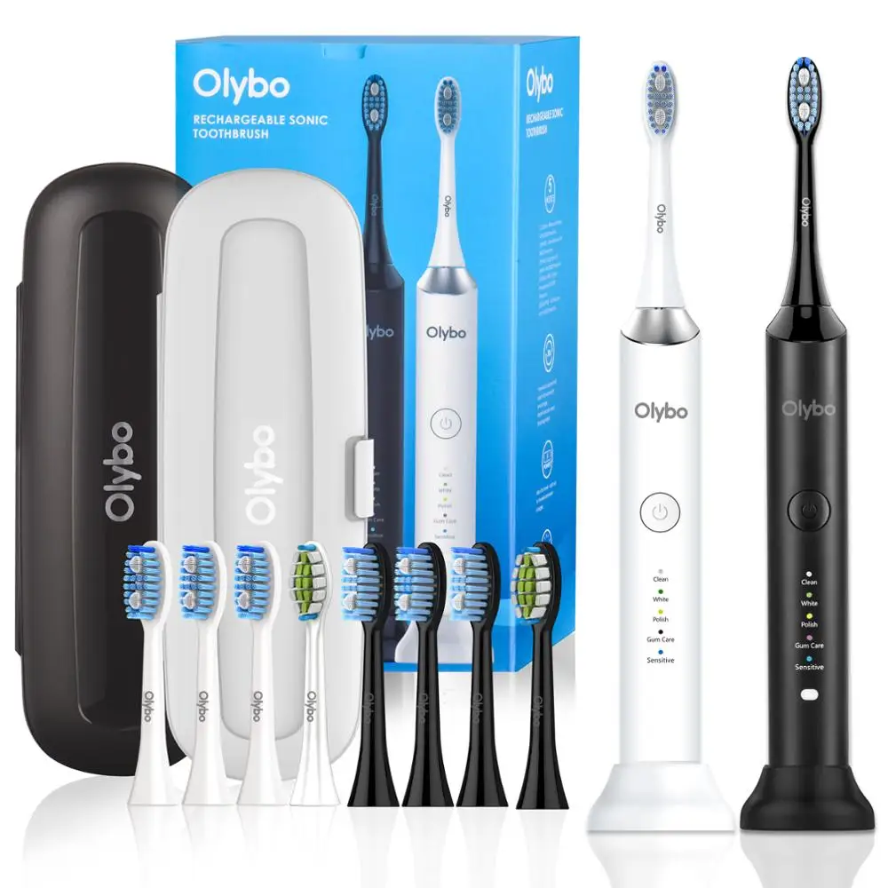 

Olybo 2pcs Sonic Electric Toothbrush A9 Adult Timer Brush 5 Mode USB Charger Rechargeable Tooth Brushes 8pcs Replacement Heads