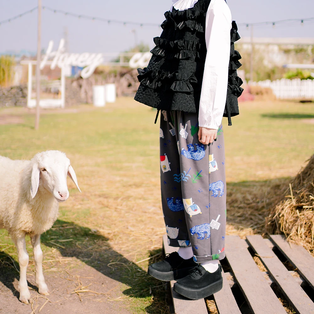 imakokoni original design cartoon print casual wide-leg pants cute Japanese cropped pants