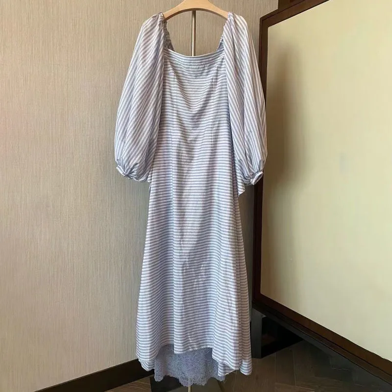 

TWOTWINSTYLE Striped Backless Dress For Women Square Collar Lantern Long Sleeve High Waist Maxi Dresses Female Fashion New Tide