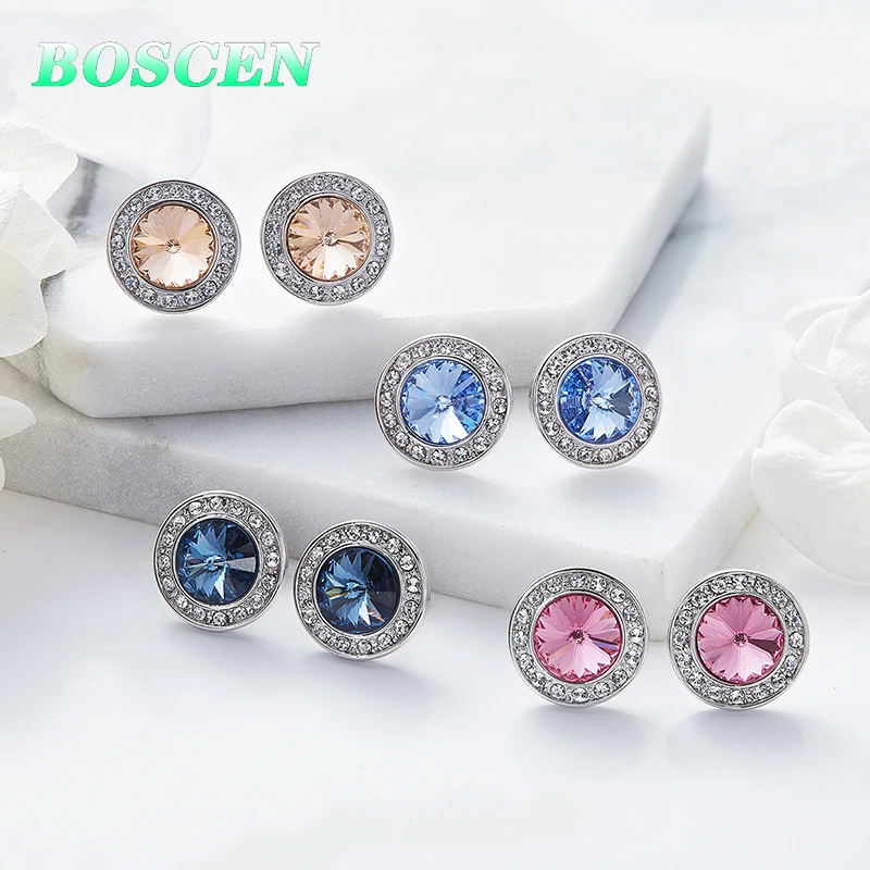 BOSCEN серьги, украшенные кристаллами Swarovski, для женщин, девочек, подарок на день рождения, красочные круглые, хорошее ювелирное изделие, корейский стиль