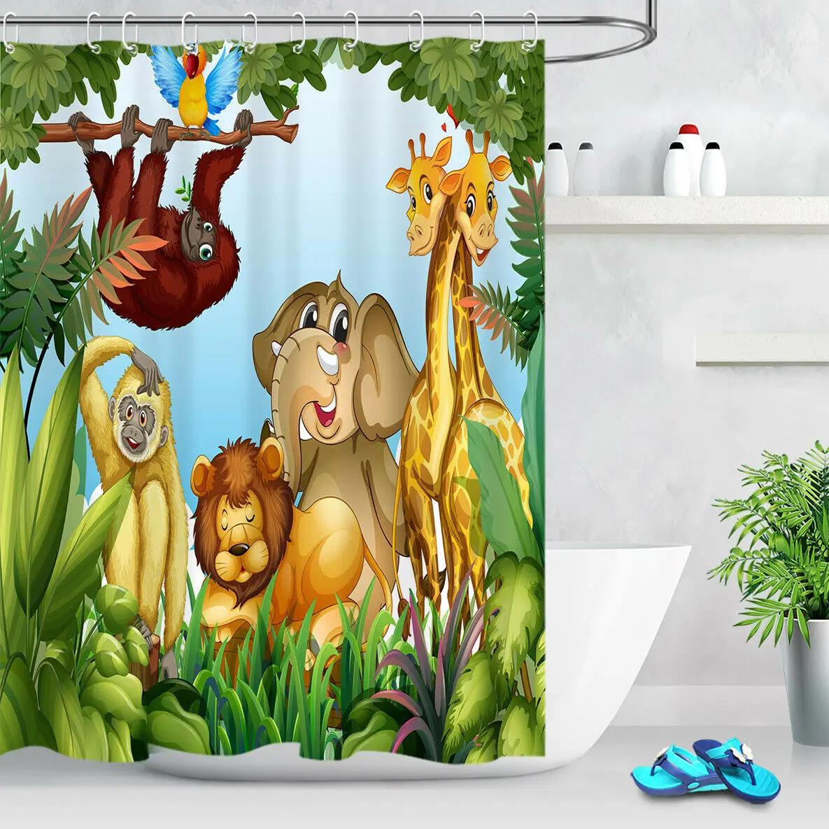 

Cartoon Animals Party Jungle Waterproof Fabric Shower Curtain Set Bathroom Decor