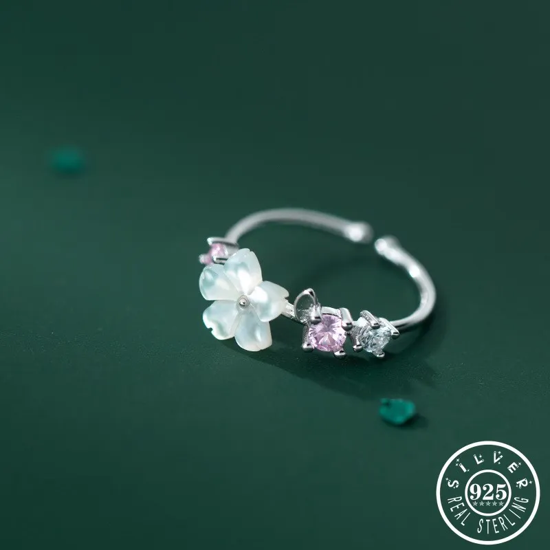 

925 Sterling Silver Pink Cubic Zirconia Ring Adjustable Open Shell Flower Shape Finger Rings Jewelry Gifts for Women