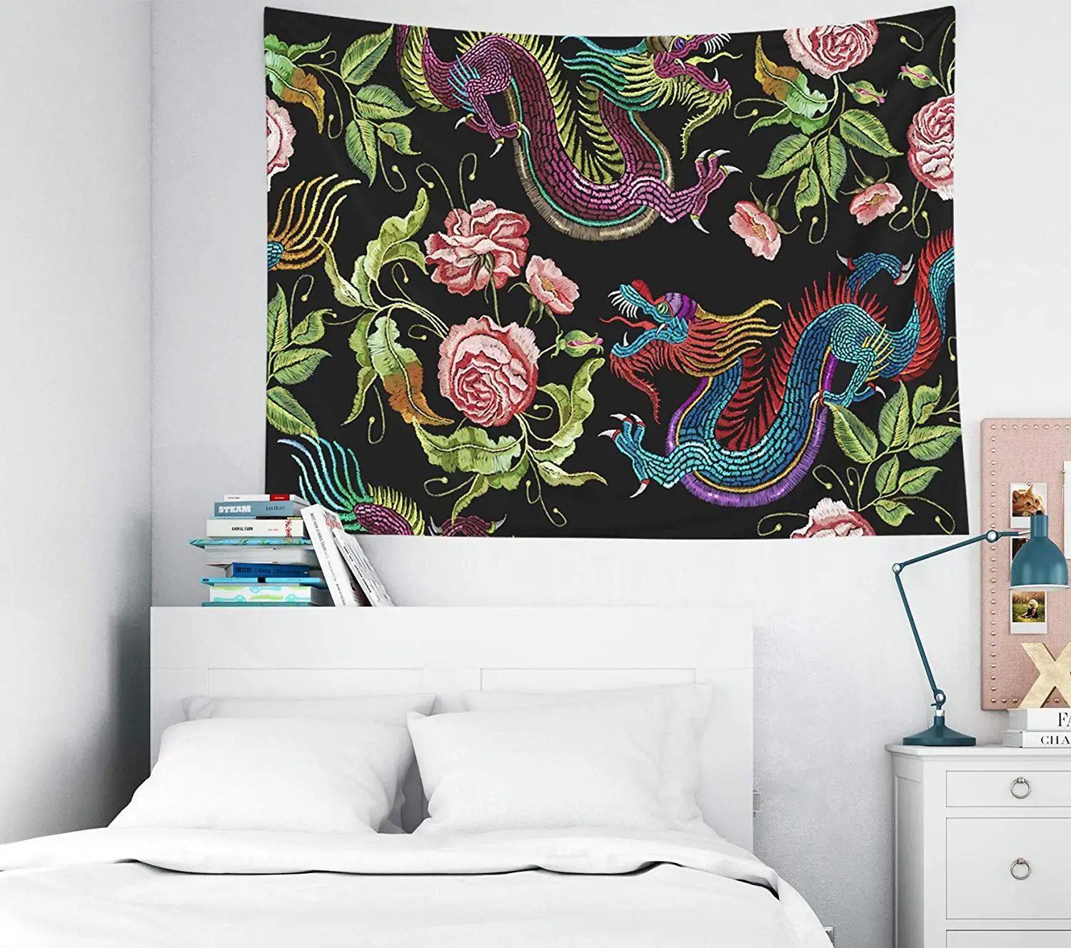 Печать настенные гобелены для гостиной и спальни Китайские драконы цветы пионы