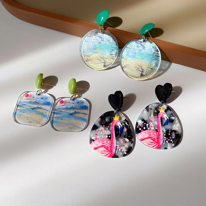 

Minar Korean Fashion Sun Beach Flamingo Printed Pendant Earrings for Women Ladies Arcylic Geometric Circle Earrings Accessories