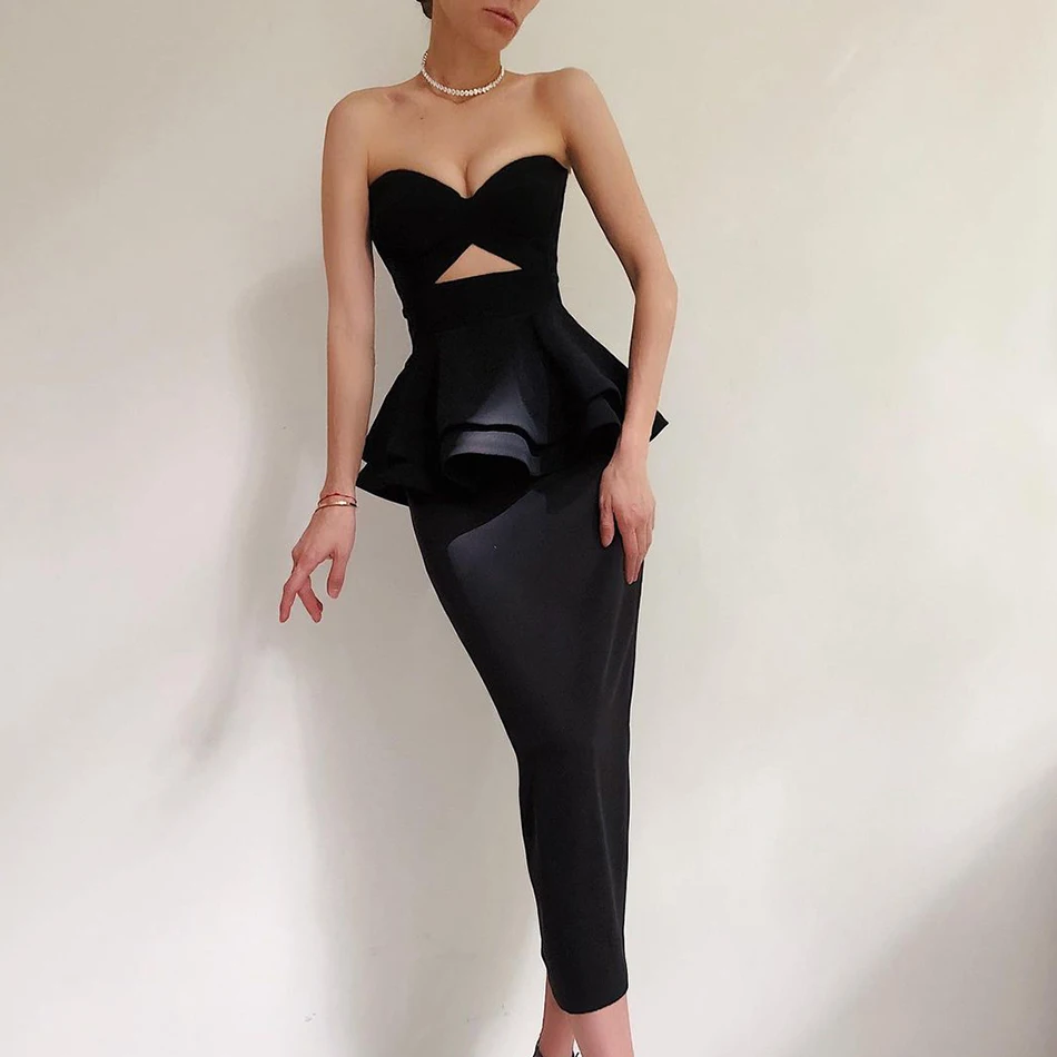 

Top Keyhole Ruffled Strapless Bandage Midi Dress 2021 Fall New Women'S Sexy Fashion Tube Temperament Rear Split Bodycon Dress