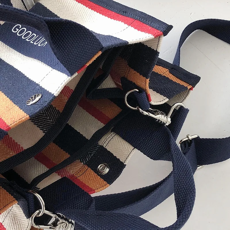 

2x Women South Korea Canvas Bag Fresh Striped Shoulder Bag Ladies Crossbody Bag Small Handbag Light Blue & Rainbow Bars