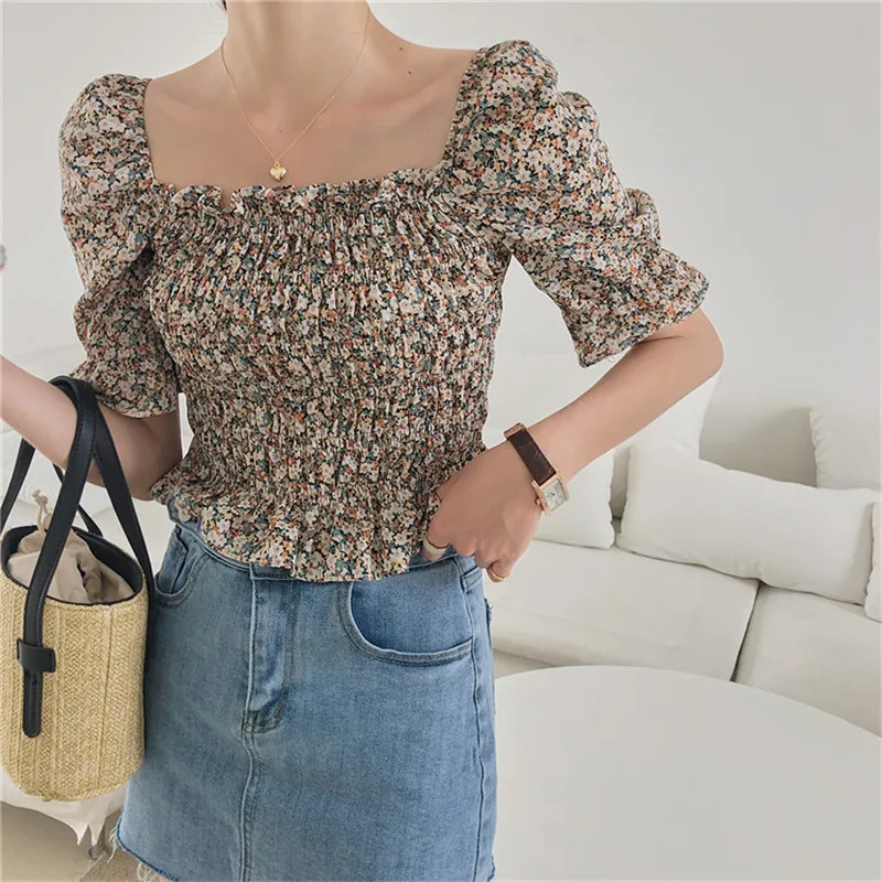 

2021 New Summer Women Shirt Female Floral Blouses Chiffon Waist down Puff sleeves Elegant Casual lovely Shirts Office Lady Tops
