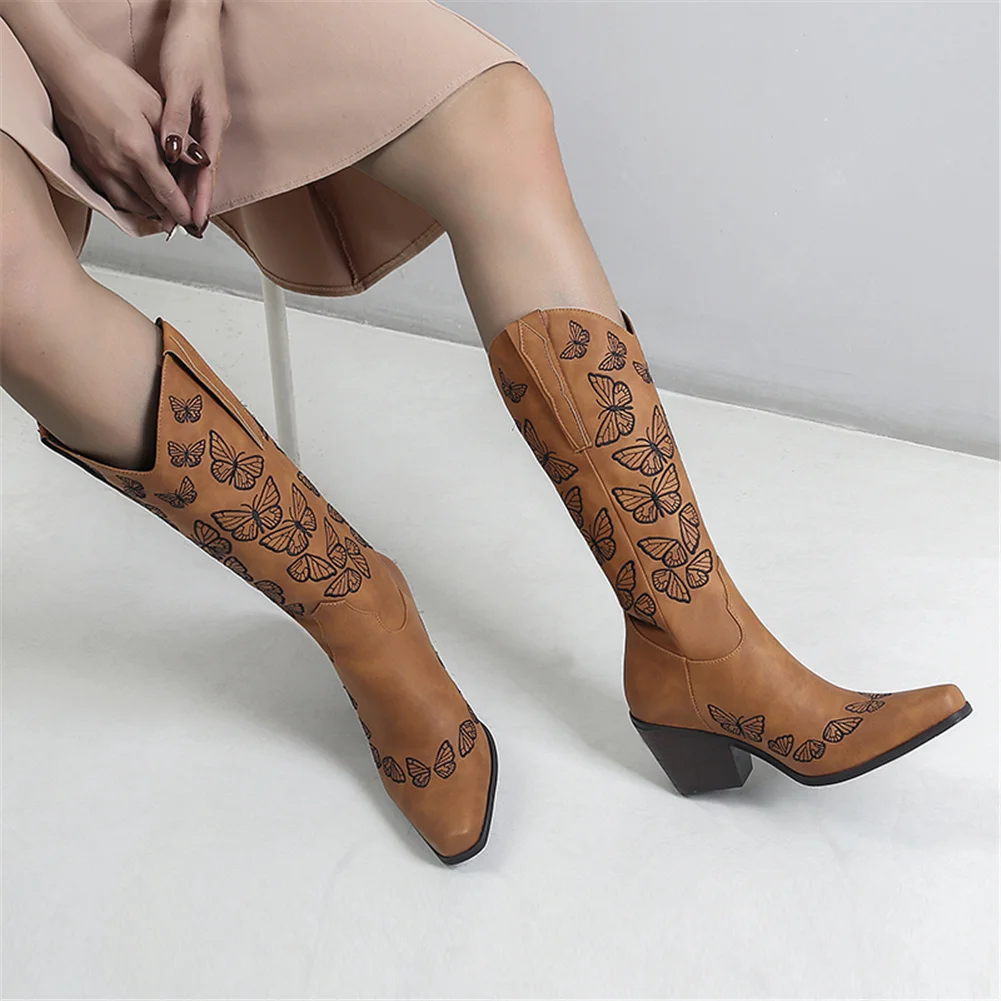 

Female Western Boots Square Heel Square Toe Slip-On Animal Prints High Embroider Year-round Hot Sale Shoes Woman Fashion