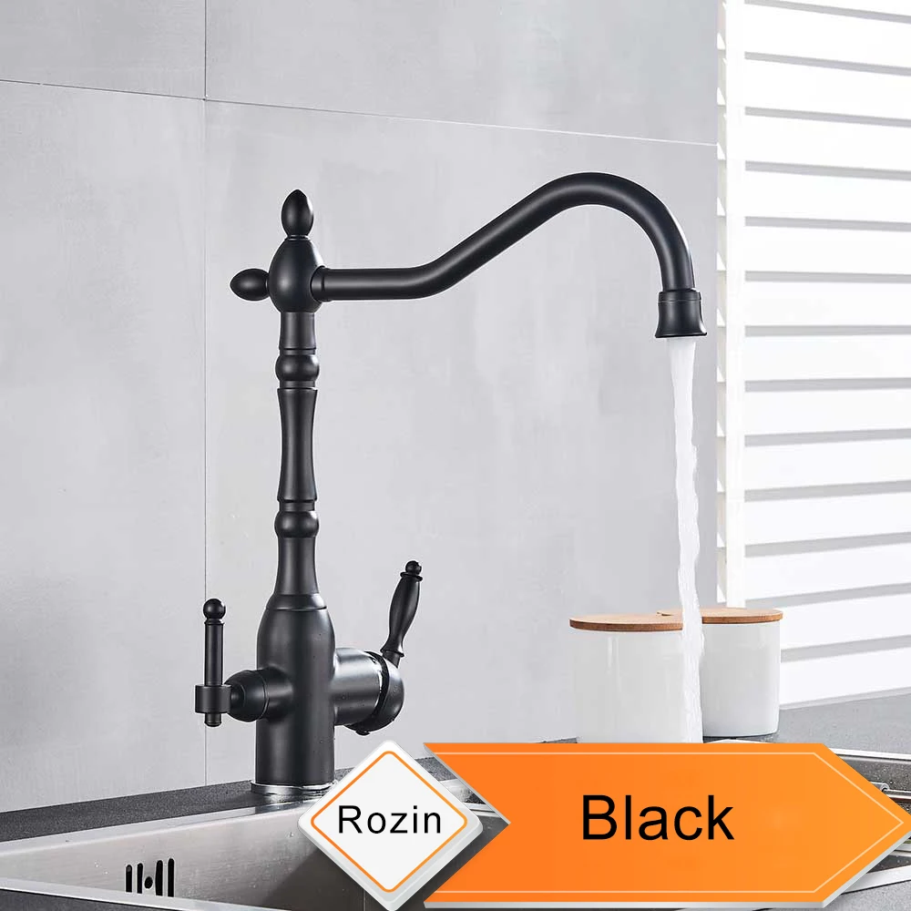 Black Золотой фильтр для воды, кухонный кран с двумя ручками, кухонный кран для питьевой воды, латунный поворотный носик 3 в 1, очиститель воды, кран для раковины - Цвет: Black