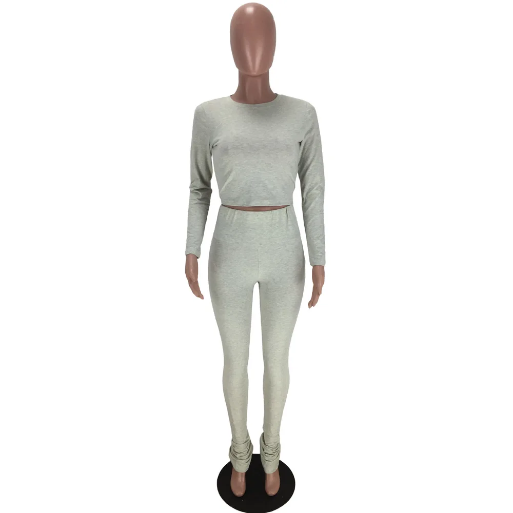 

Women Fitness 2 Piece Matching Sets Solid Long Sleeve Slim Crop Top and High Waist Skinny Stacked Legging Activewear Tracksuits