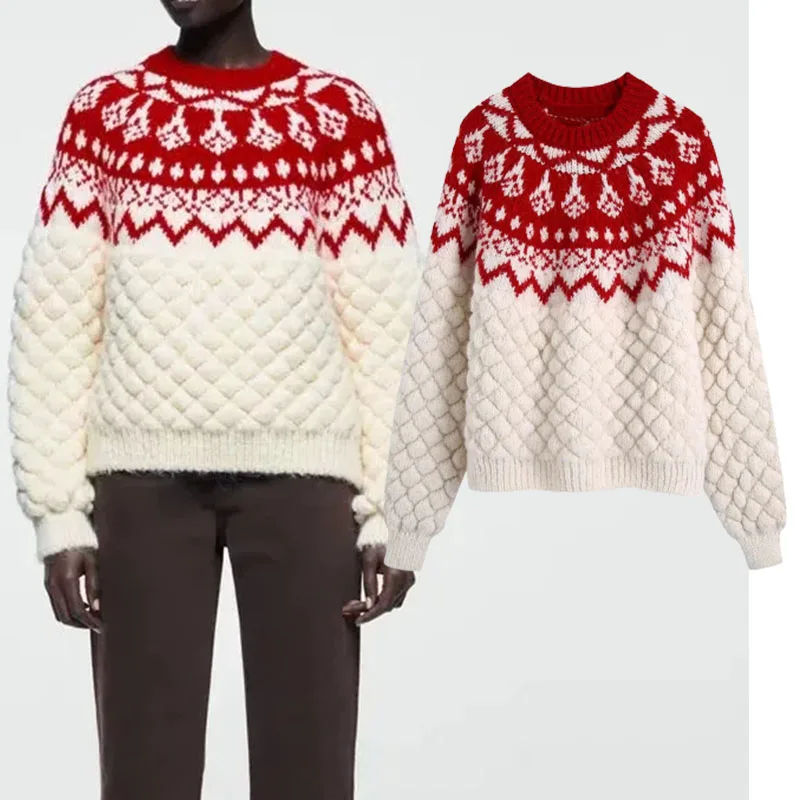 

Women's Sweater Za 2021 winter New Fashion Loose Jacquard Knitted Sweater Vintage Long Sleeve Pockets Female pullover Chic Tops