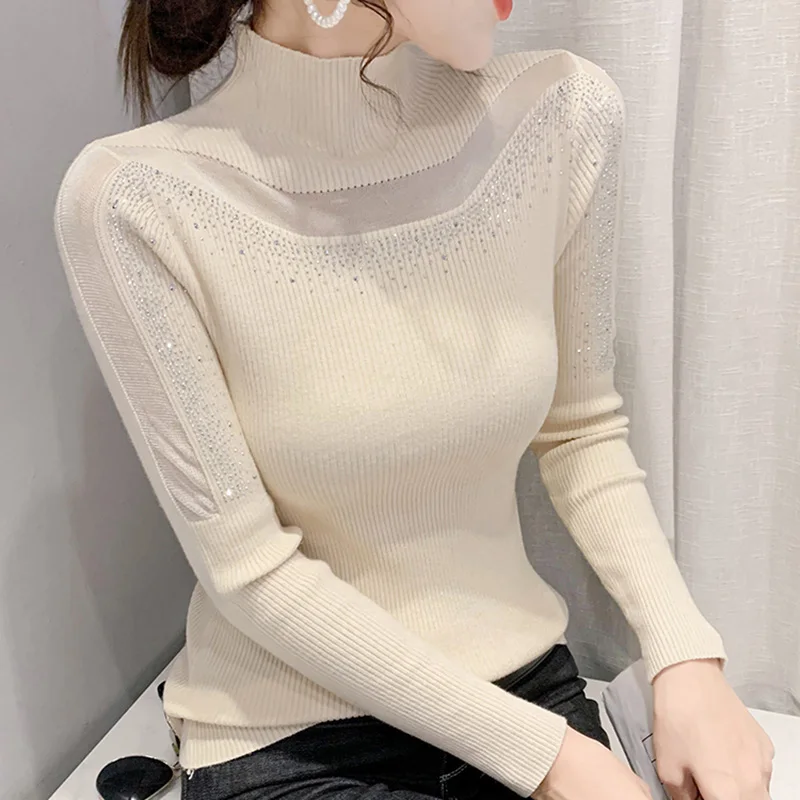 Женский трикотажный свитер с высоким воротником однотонный пуловер со стразами