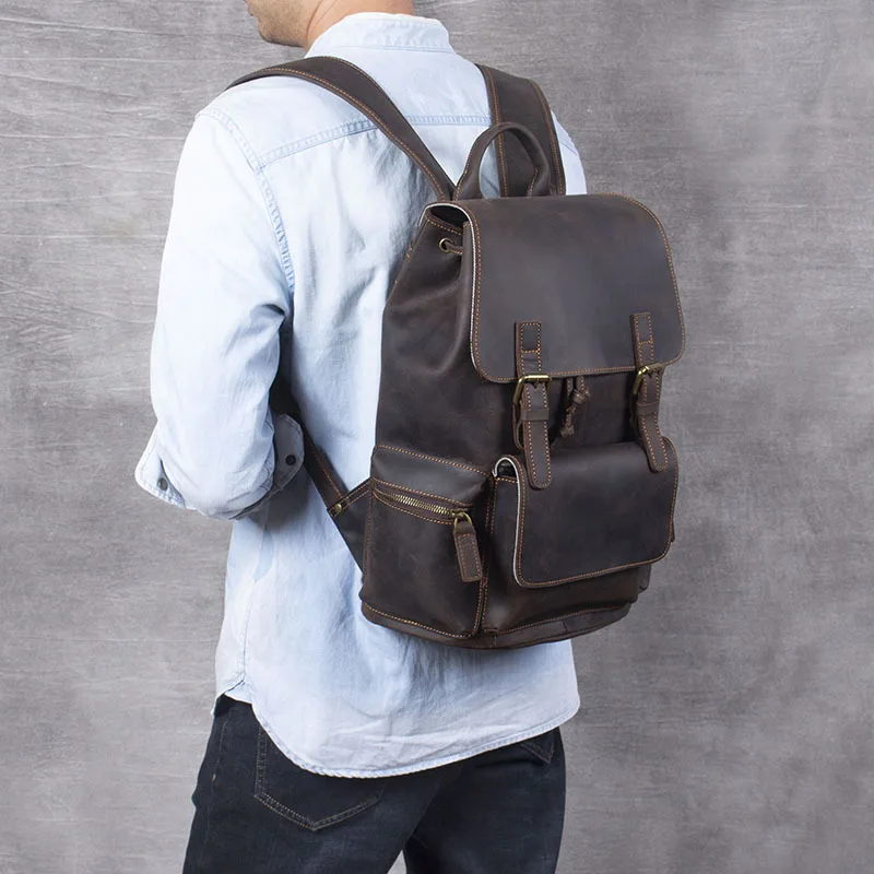 

Genuine Leather Student School Laptop Bag Multipurpose Retro Cow Leather Backpack Solid Color Multi-Pocket Travel Backpack LD080
