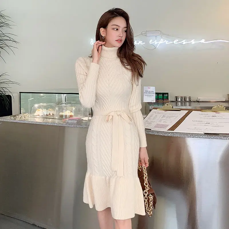 

Elegant Winter Vestidos Korean Style Sexy Slim Knitted dress thickening turtleneck knit dress Casual Female Sweater Dresses