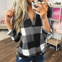 new women v neck check lattice shirt tops long sleeve lady casual loose blouse tops plus size s 3xl blusas mujer de moda 2020