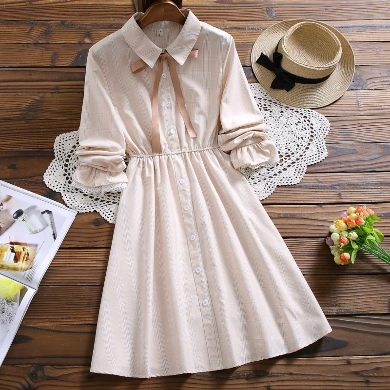

New Arrival Spring Autumn Women Clothing Turn-Down Collar Ribbon Apricot Plaid Dress Mori Girl Flare Sleeve Elegant Shirt Dress