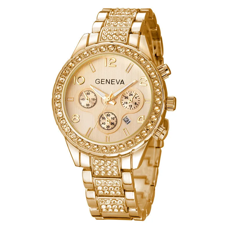 

Geneva Quartz Womens Watch Blind Crystal Women Watches Gold Dimaond Stainless Steel Ladies Dress Watches Date Analog Wristwatch