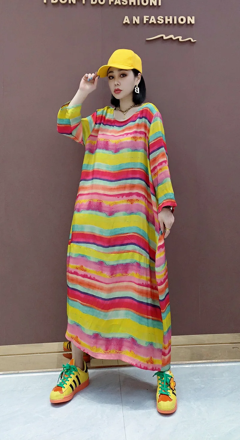 

SHENGPLLAE Rainbow Stripe Personalized Dress Women's Spring 2021 New Round Neck Loose Long Sleeve Mid-calf Dresses Female 5C259