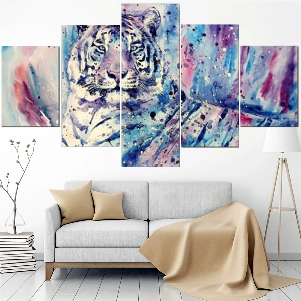 

5 Pieces Wall Art Canvas Painting Abstract Animal Poster White Tiger Modular Pictures Home Decoration Modern Living Room
