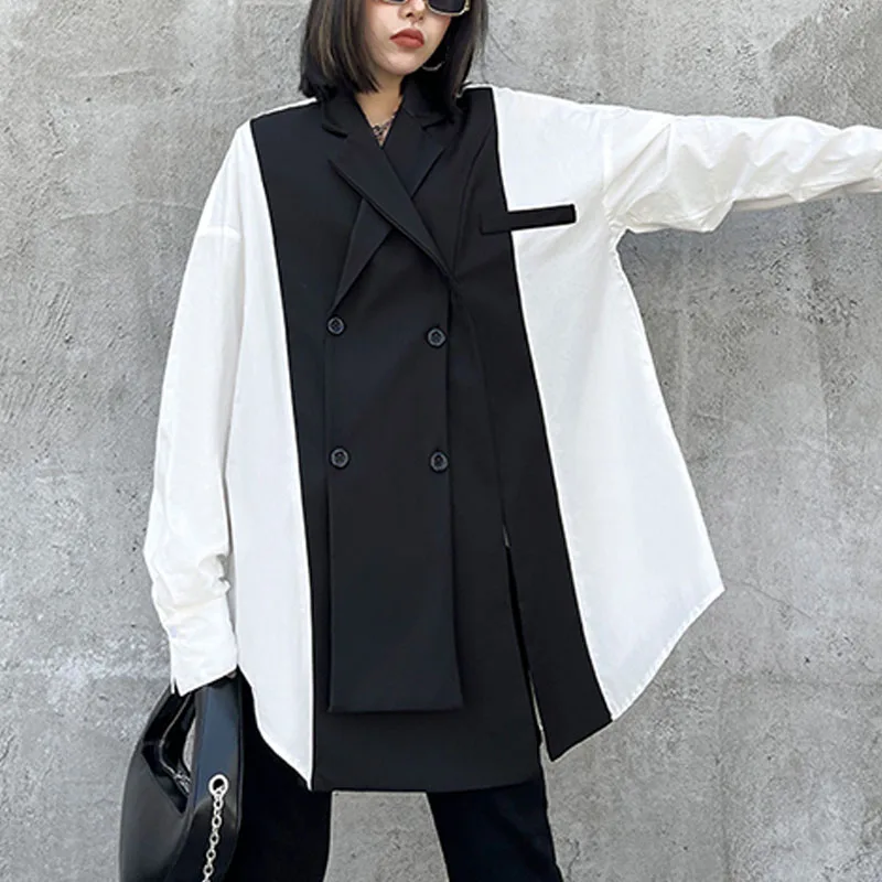 

Women Blouses Contrast Irregular Suit Collar Long Sleeve Shirts Autumn Office Lady Single-Breasted Elegant Blouse Plus Size Tops