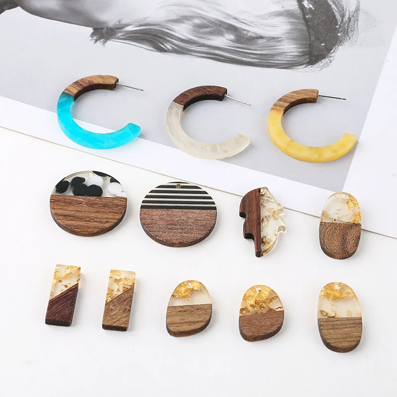 

4pcs Creative Wood and Resin Stitching Contrasting Color Gold Foil Leaves Rectangular Geometric DIY Hand-Made Ear Stud