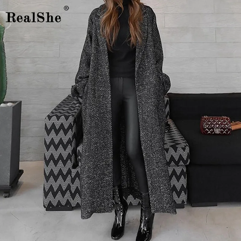 Черный RealShe, длинное женское пальто,, с отворотами, поясом, карманами, пальто и куртки для женщин, большой размер, длинный плащ, Весенняя верхняя одежда, шерстяное пальто для женщин - Цвет: Черный