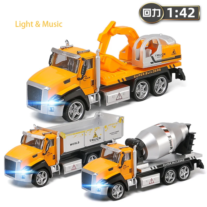 1:42 Scale 21cm Engineering Truck Alloy Diecast Vehicle Music Light Pull Back Excavator Cement Mixer Car Model Toy for Boys Y162