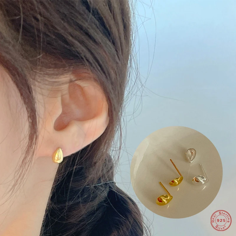 

925 Sterling Silver Korean 14K Gold Plating Water Drop Stud Earrings For Women Simple Tiny Cute Melon Seed Ear Studs Jewelry