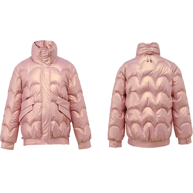 

Winter Large size warm women's short down jacket high quality thick wavy surface fluffy stand-up collar loose down jacket ladies