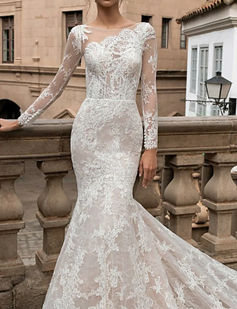 Luxury Lace Mermaid Wedding Dresses Long Sleeves Backless Vestido De Noiva Sexy Elegant Bride Dress Gowns | Свадьбы и торжества