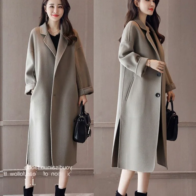 

Женское повседневное шерстяное пальто, длинное Свободное пальто до колена с V-образным вырезом и английским воротником, зимняя одежда