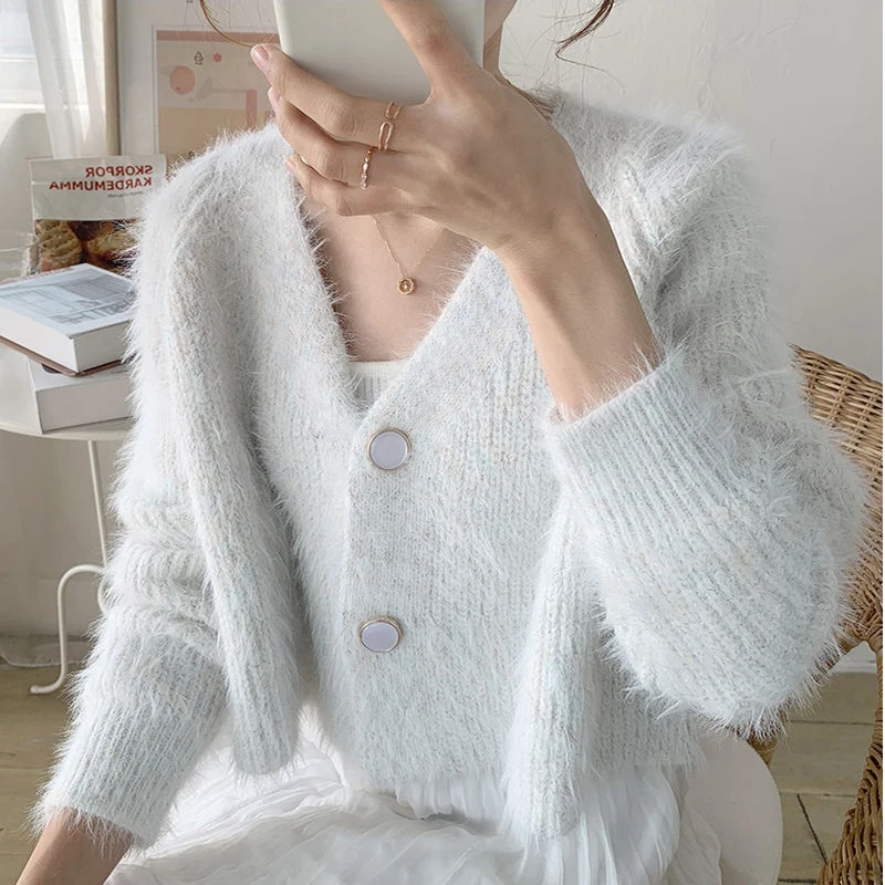 Purple cardigan sweater women's 2020 autumn winter short mohair coat top Soft comfortable Tops Female Pull femme |