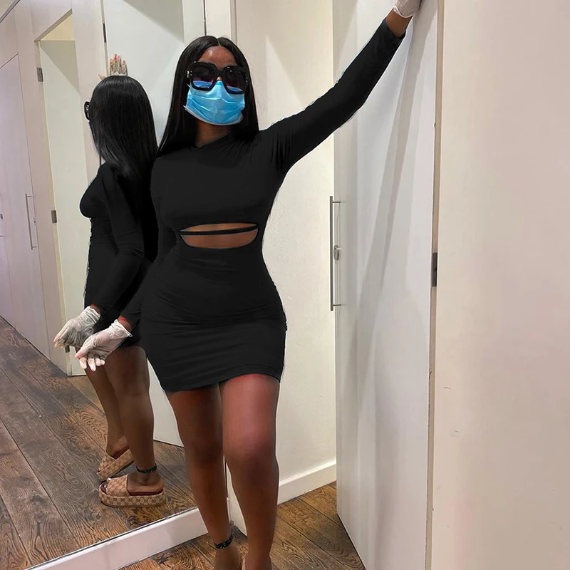 

Cutubly Long Sleeve Dress Cut Out Sexy Mini Dress Autumn Winter Women Fashion Streetwear Solid Club Party Dresses For Women