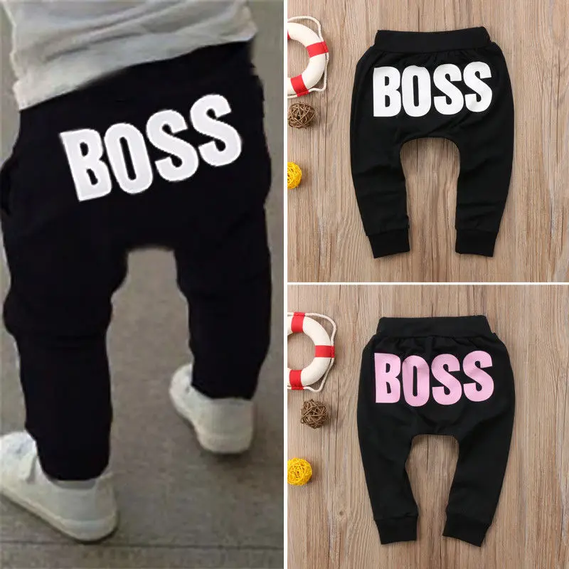 

Kids Baby Boy Girl Casual Unisex Harem PP Pants BOSS Letters Printed Children Clothes Elastic High Waist Trousers Leggings 2021