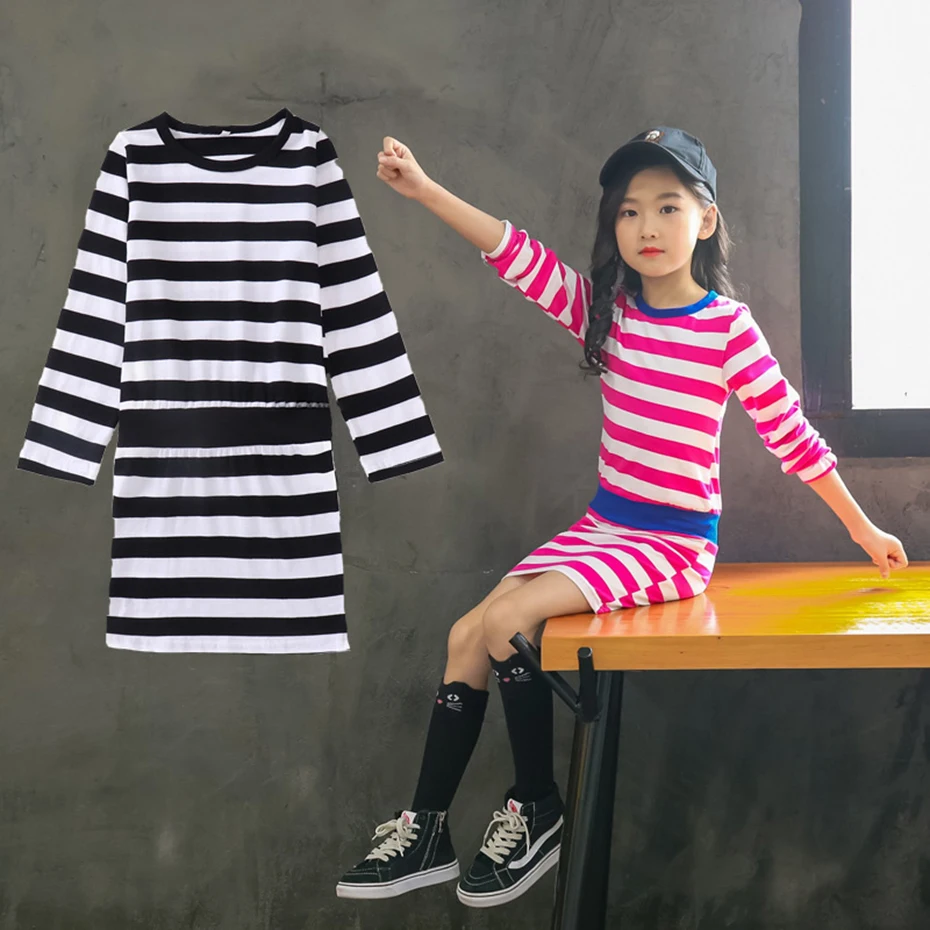 Платья для девочек обтягивающие платья в полоску Модное детское платье с
