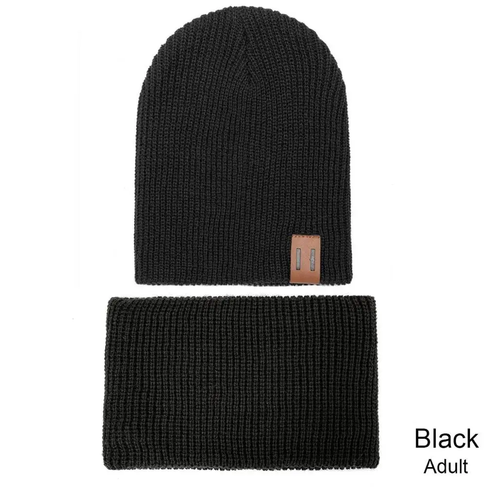 black Adult Модная женская шапка и шарф для детей, вязаная зимняя шапка, шарф для детей, колпачок, девочка-мальчик, одноцветные шапки с логотипом - Цвет: black Adult