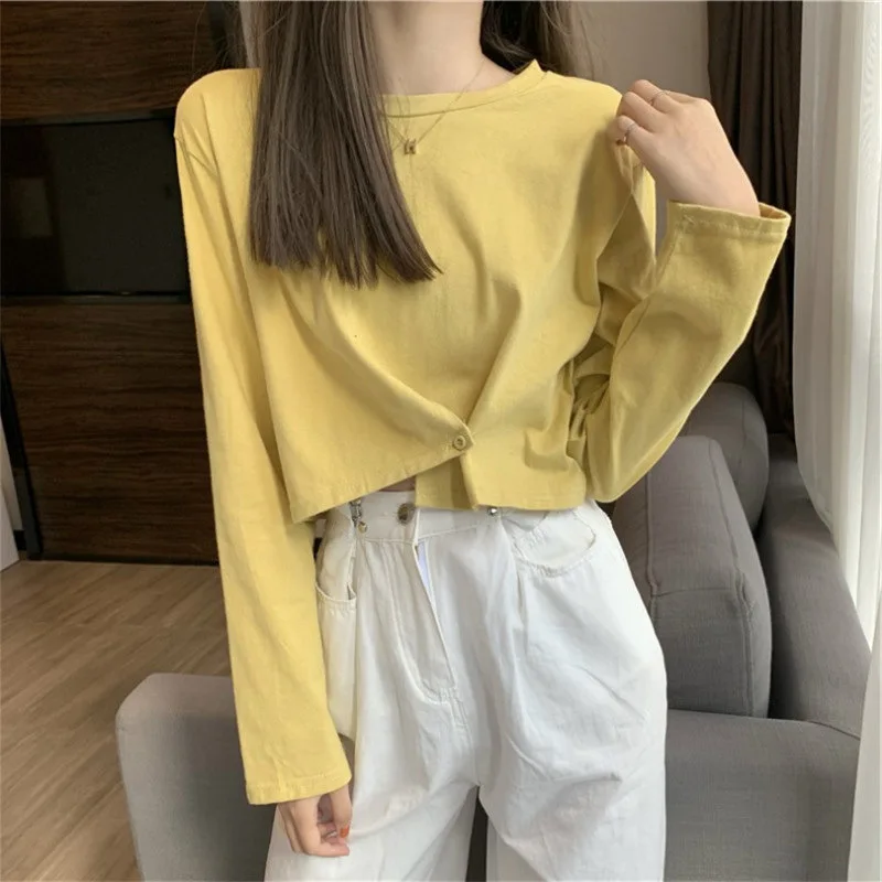

Design sense solid color crimping Korean women's autumn thin long sleeve T-shirt women's short loose top