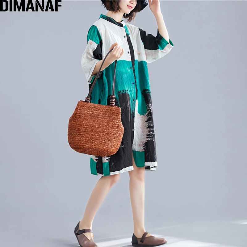 Женская длинная рубашка DIMANAF винтажная блузка из хлопка и льна повседневный топ