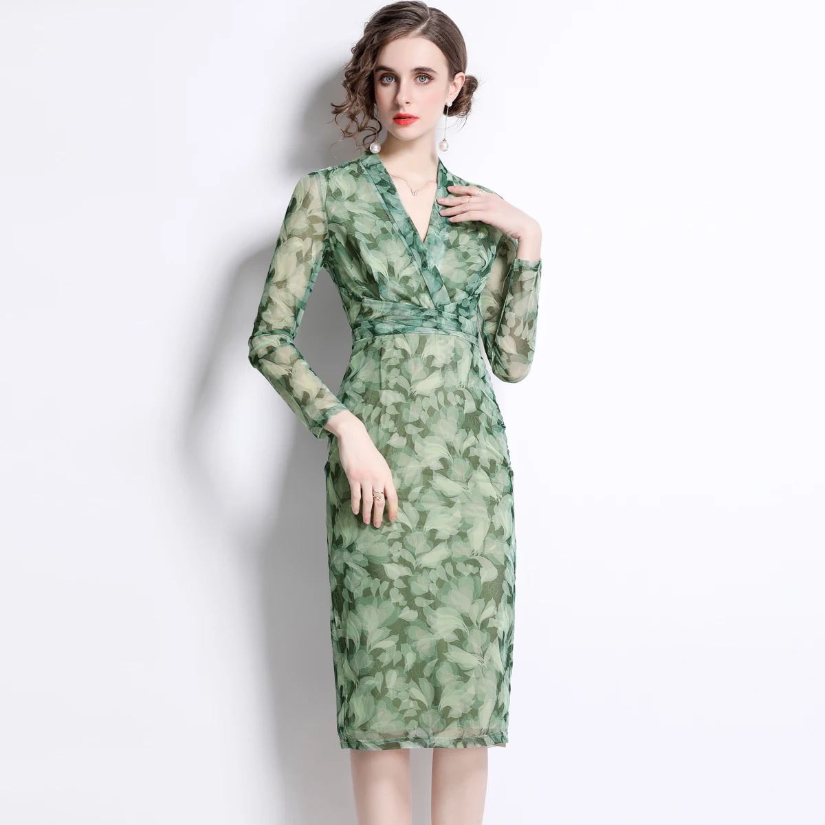 

2022 Spring Vintage Flower Print Mesh Dress Women V-Neck Long Sleeve Stretch Bodycon Slim Vestidos