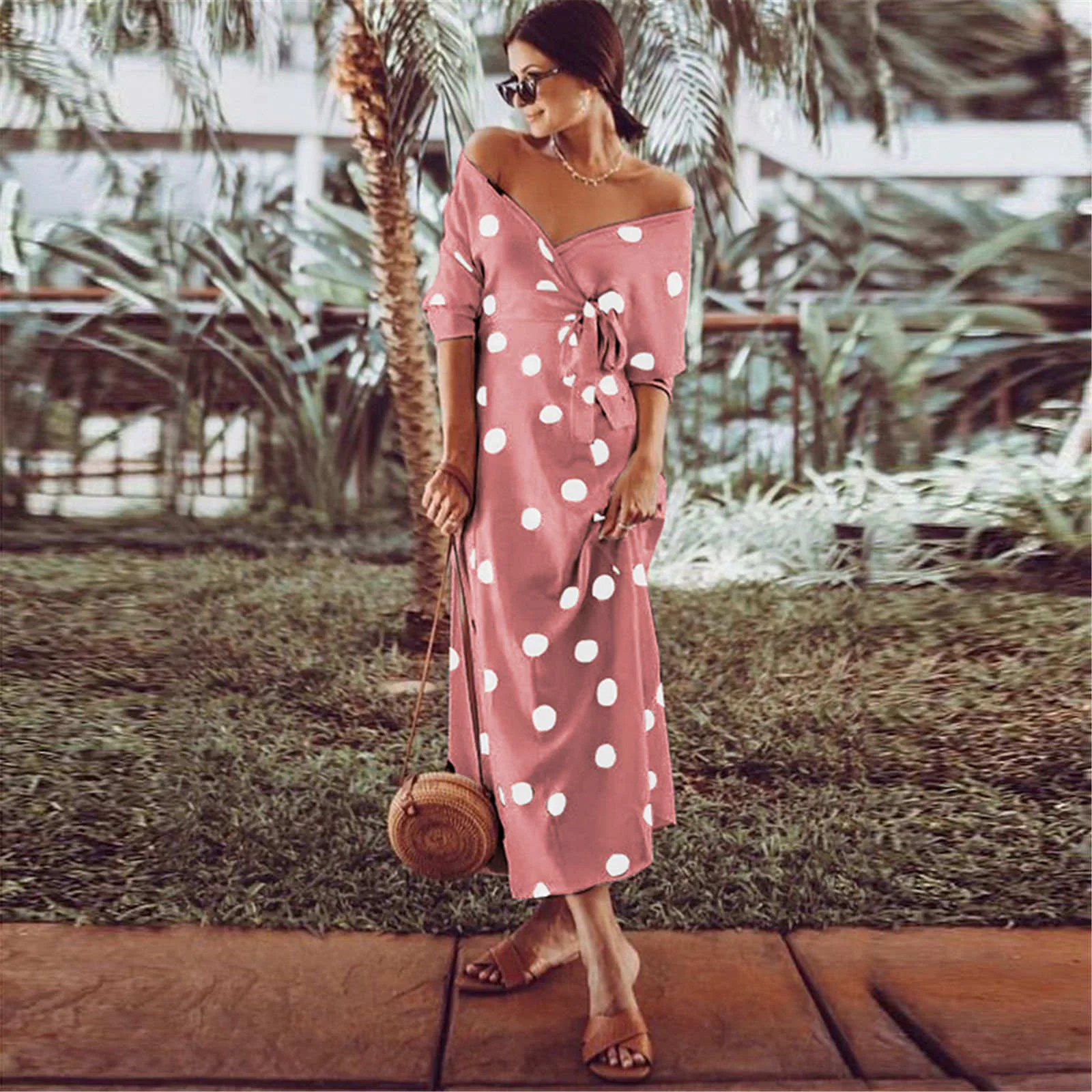 Summer Fashion Polka Dot Print V-neck Off Shoulder Dress Summer Polka Dot Print V-neck Off Shoulder Dress Vestidos De Mujer