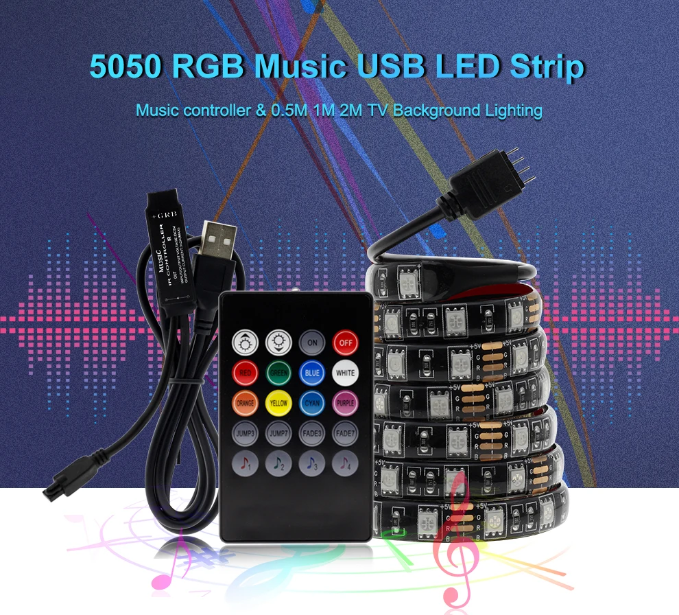 USB Светодиодная лента 5 в SMD 5050 RGB гибкий светодиодный светильник лента с радиочастотным пультом дистанционного управления музыкой для ПК экран ТВ фоновый светильник ing 1 м 2 м